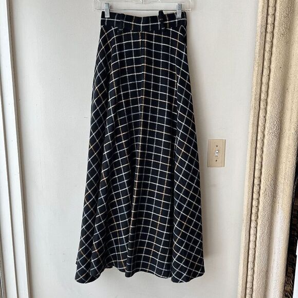 VTG 50s Full Circle Maxi Skirt w/ Pastel Plaid Lines on Black Wool Blend - Picture 8 of 14